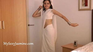 Indian Beautiful Teen Babe Jasmine Striptease and Fingering In White Desi Sari - Full Hindi